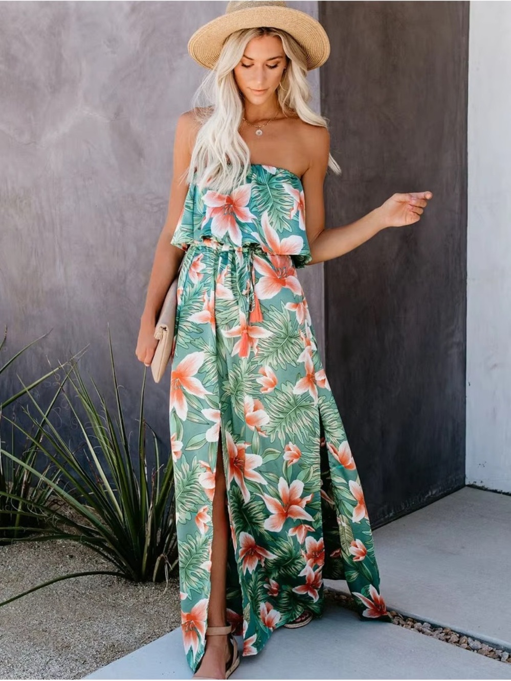 Vici Strapless Maxi Dress in Green & Coral Floral